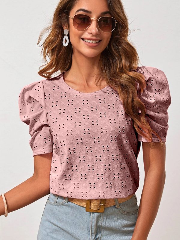 Women Clothes Spring Summer Solid Color T shirt Hollow Out Jacquard round Neck Puff Sleeve Top