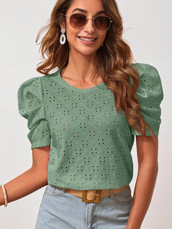 Women Clothes Spring Summer Solid Color T shirt Hollow Out Jacquard round Neck Puff Sleeve Top