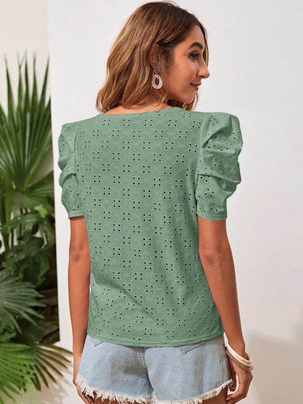 Women Clothes Spring Summer Solid Color T shirt Hollow Out Jacquard round Neck Puff Sleeve Top