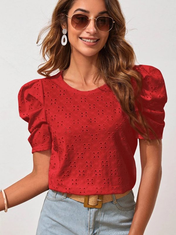 Women Clothes Spring Summer Solid Color T shirt Hollow Out Jacquard round Neck Puff Sleeve Top