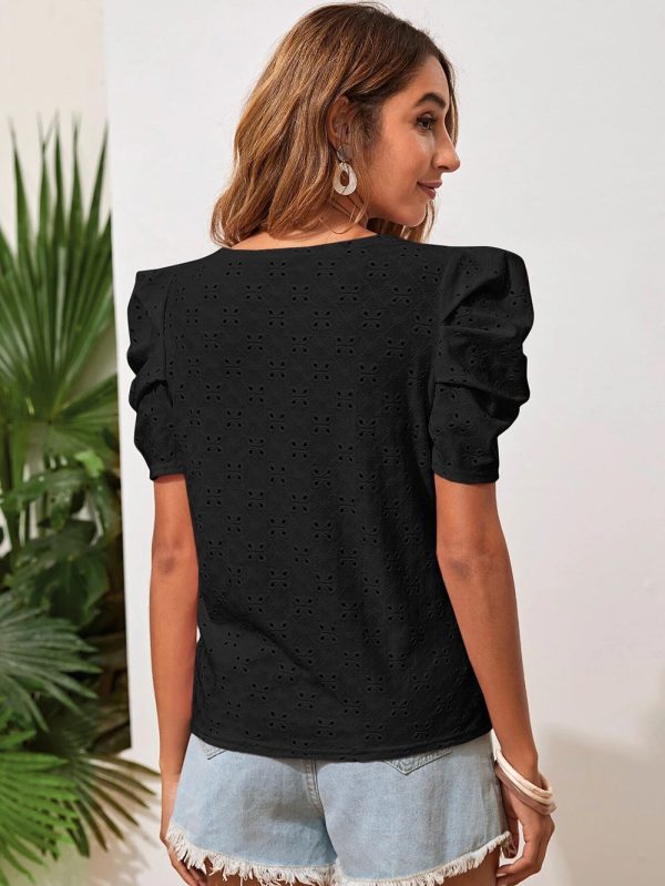 Women Clothes Spring Summer Solid Color T shirt Hollow Out Jacquard round Neck Puff Sleeve Top