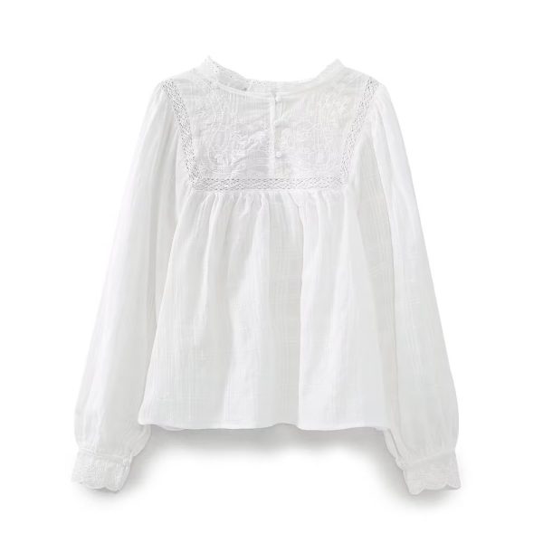 Spring Women  White Lace Collar Hollow Out Cutout Embroidered Shirt Top