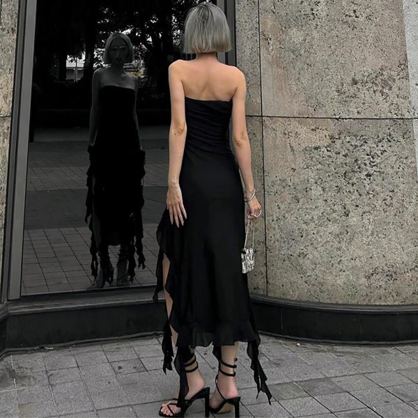 Women Clothing Elegant Wrapped Chest Mesh Patchwork Ruffled Slit Dress