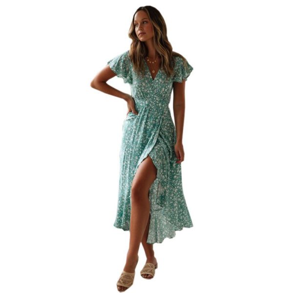 Spot Goods Summer 6 Colors Printed Deep V Plunge Plunge Neck Rayon Printed Dress