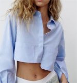 Front Pocket Loose Shirt Blogger Single Breasted Short Shirt Sexy Cropped Top