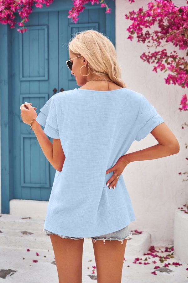 Summer Women Clothing Women Round Neck Cotton Double Layer Short Sleeved T shirt Casual Top