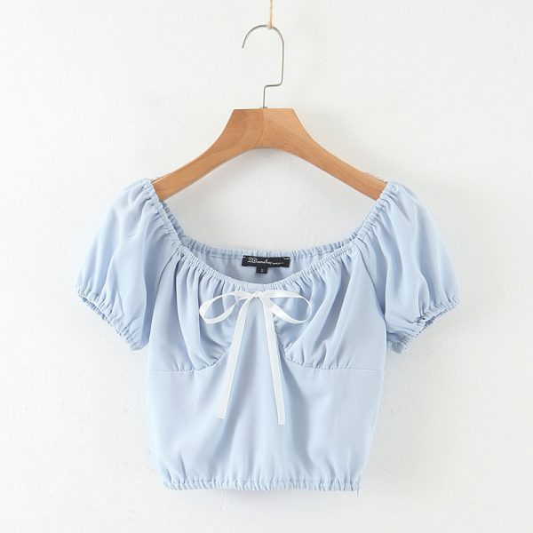 Summer Lace up Elastic Waist Short Sleeve Pullover Shirt