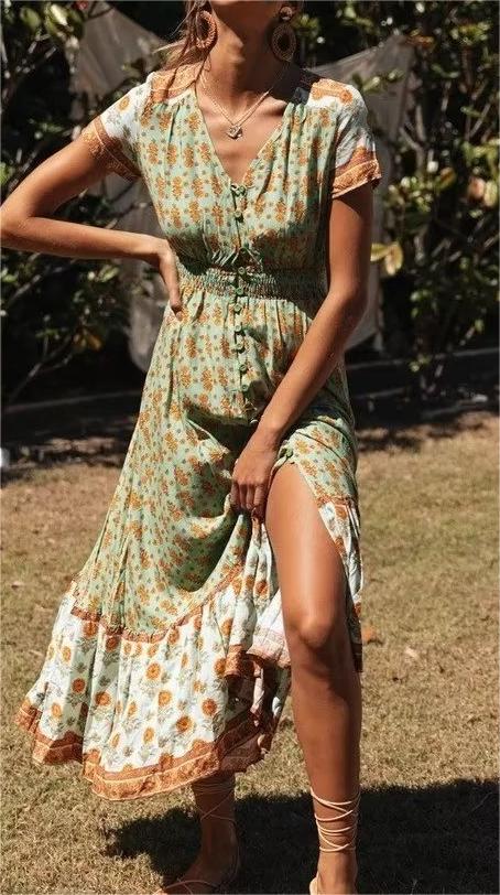 Spring Summer Women Clothing Vacation Beach Dress Positioning Print Short Sleeve Waist Controlled Dress