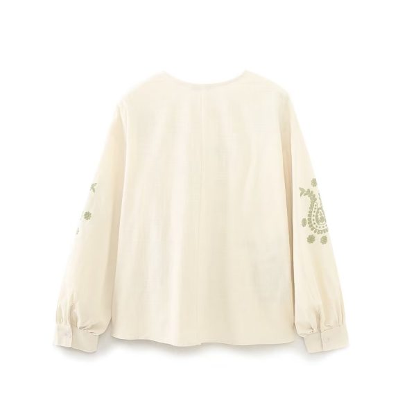 French Spring Vintage Art Embroidery Floral Cutout Collared Loose Cardigan Women Lantern Long Sleeve Shirt