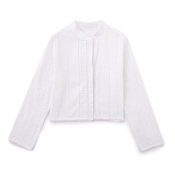 Summer Women  White round Neck Long Sleeve Hollow Out Cutout Embroidery Tassel Hem Shirt