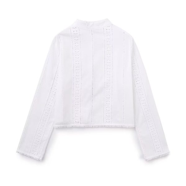 Summer Women  White round Neck Long Sleeve Hollow Out Cutout Embroidery Tassel Hem Shirt