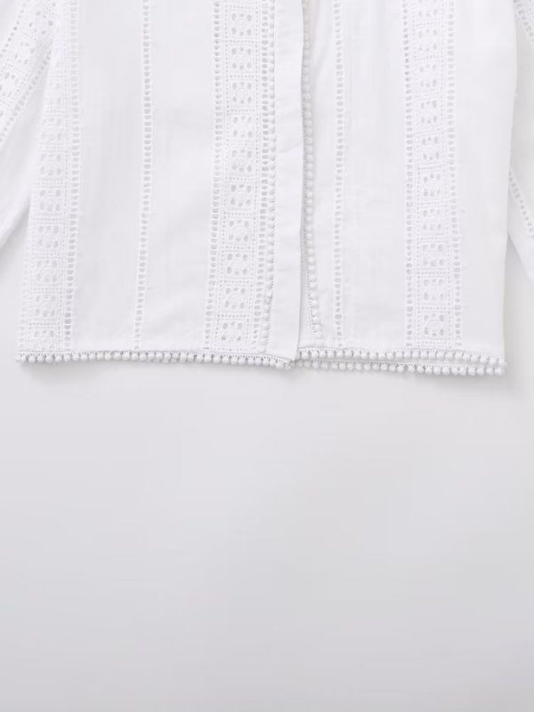 Summer Women  White round Neck Long Sleeve Hollow Out Cutout Embroidery Tassel Hem Shirt