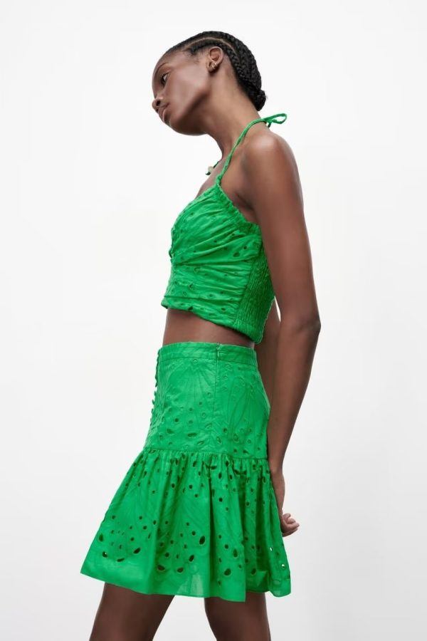 Women Clothing   Embroidered Laminated Decoration Green Skirt