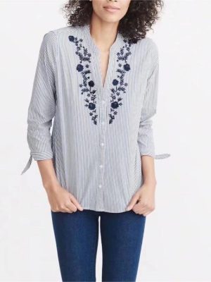 Blue White Striped Long Sleeve Polo Shirt Women  Blouse Floral Embroidery Top