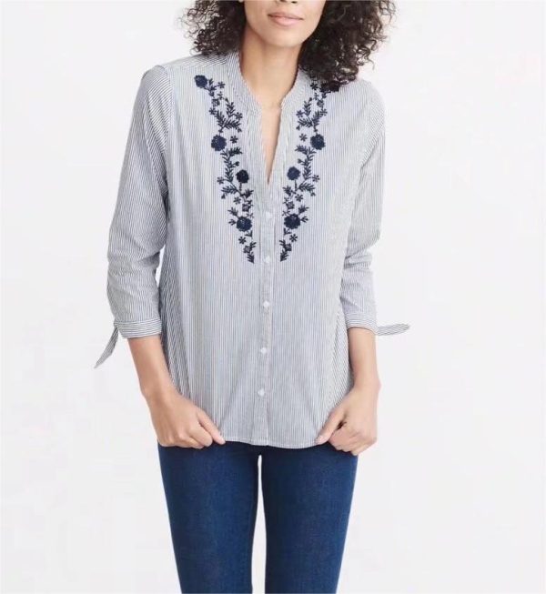 Blue White Striped Long Sleeve Polo Shirt Women  Blouse Floral Embroidery Top