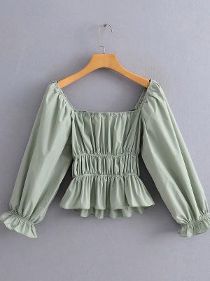 Women Autumn Satin Square Collar Long Sleeve Shirt