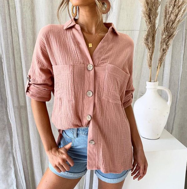 Autumn Winter Button Long Sleeve Pocket Blouse Shirt