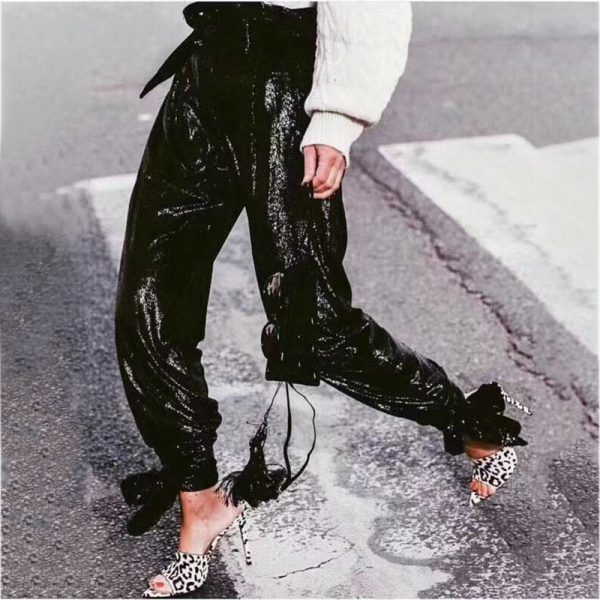 Street Stitching Sequined Women Ankle Banded Pants Spring High Waist Lace up Casual Trousers Women