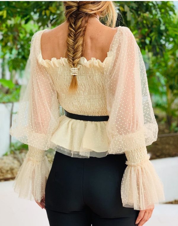 Women Clothing Backless Pleated Mesh Top Puff Sleeve Chiffon Shirt