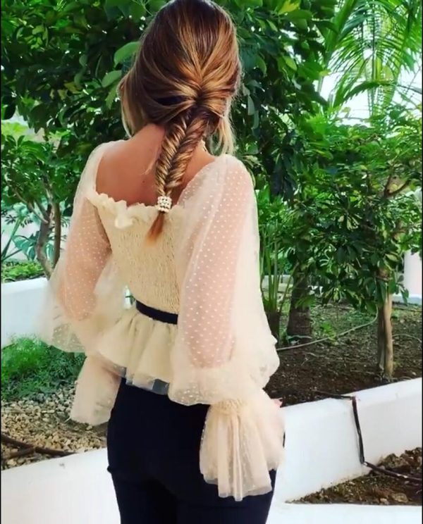 Women Clothing Backless Pleated Mesh Top Puff Sleeve Chiffon Shirt