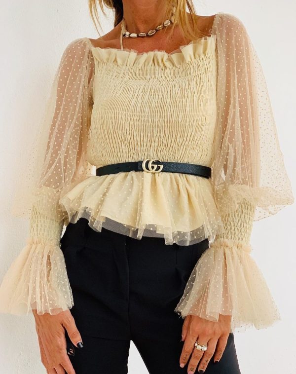 Women Clothing Backless Pleated Mesh Top Puff Sleeve Chiffon Shirt