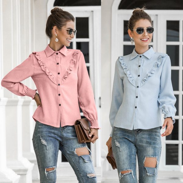 Women Spring Summer Autumn Outer Model Casual Top Wooden Ear Lantern Sleeve Corduroy Shirt