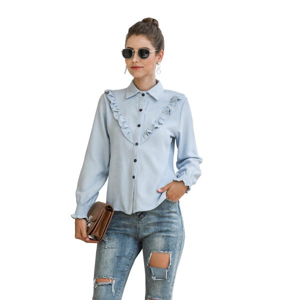 Women Spring Summer Autumn Outer Model Casual Top Wooden Ear Lantern Sleeve Corduroy Shirt