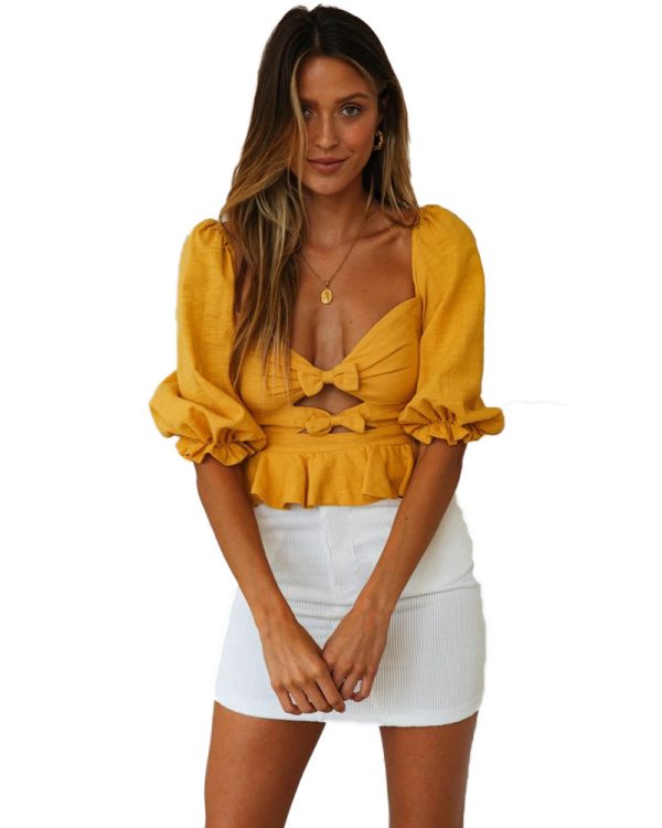 Front Bow Retro Square Collar Puff Sleeve Shirt Hollow-out Short Bottoming Shirt