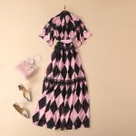 Spring Summer Pink Printed Lace Slim Fit Patchwork Lace up Small Stand Collar Sling Basic Maxi Dress