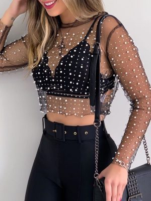 Popular Super Fairy Sexy See-through Lace Shirt Bright Diamond Beads Inner Wear Outer Wear Mesh Long-Sleeved Top for Women