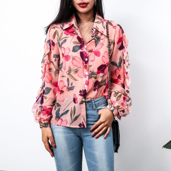 Women Clothing Summer Single-Breasted Printed Ruffle Sleeve Chiffon Shirt