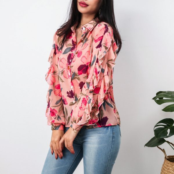 Women Clothing Summer Single-Breasted Printed Ruffle Sleeve Chiffon Shirt