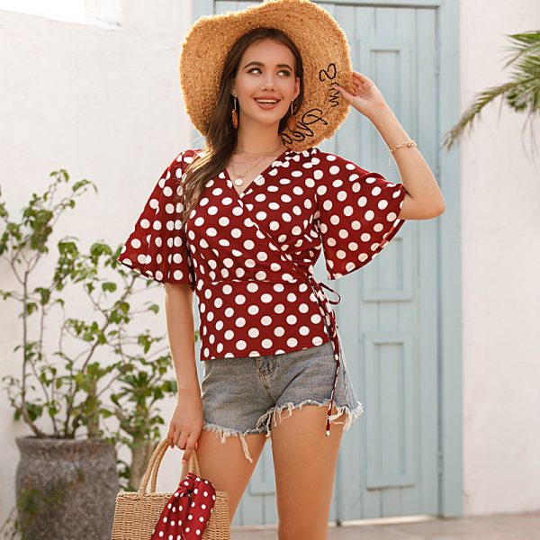 Polka Dot V-neck Flared Short-Sleeved Chiffon Shirt for Women Summer