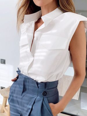 Summer White Padded Shoulder Shirt Women Elegance Sleeveless Shirt Tops