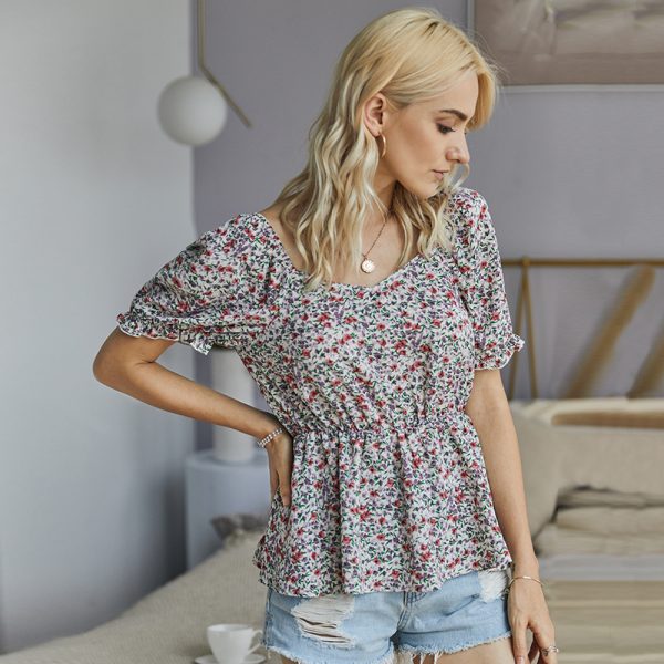 Summer Women Clothing Internet Celebrity Real Shot Floral Top Short Sleeve V-neck Sexy Shirt