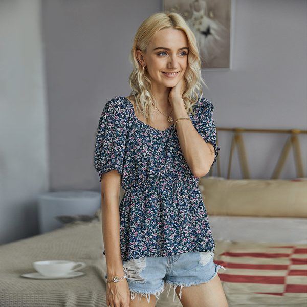 Summer Women Clothing Internet Celebrity Real Shot Floral Top Short Sleeve V-neck Sexy Shirt