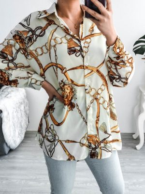 Real Shot   Long Sleeve Printed Chiffon Long Upper Outer Garment