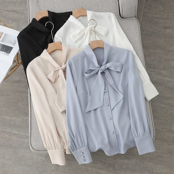 Autumn Bow Lace-up Women Long-Sleeved Blouse Satin Ribbon Business Office Top