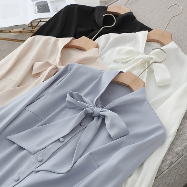 Autumn Bow Lace-up Women Long-Sleeved Blouse Satin Ribbon Business Office Top