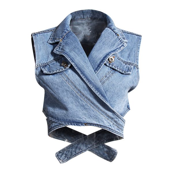 Two Piece Set Short Irregular Asymmetric Denim Vest Puff Sleeve Shirt Loose Set Criss Cross Women