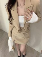 2 Piece Dress Set Women Casual Crop Tops Elegant Jacket Coats + Mini Skirts