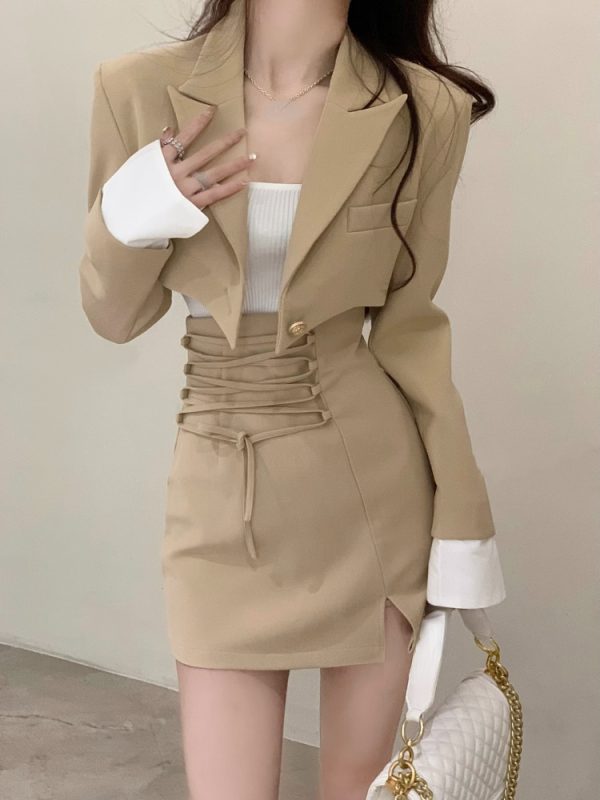 2 Piece Dress Set Women Casual Crop Tops Elegant Jacket Coats + Mini Skirts