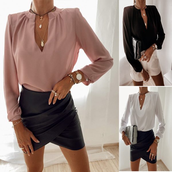 Spring Autumn Loose Long Sleeve V-neck Pullover Shirt Shirt For Women