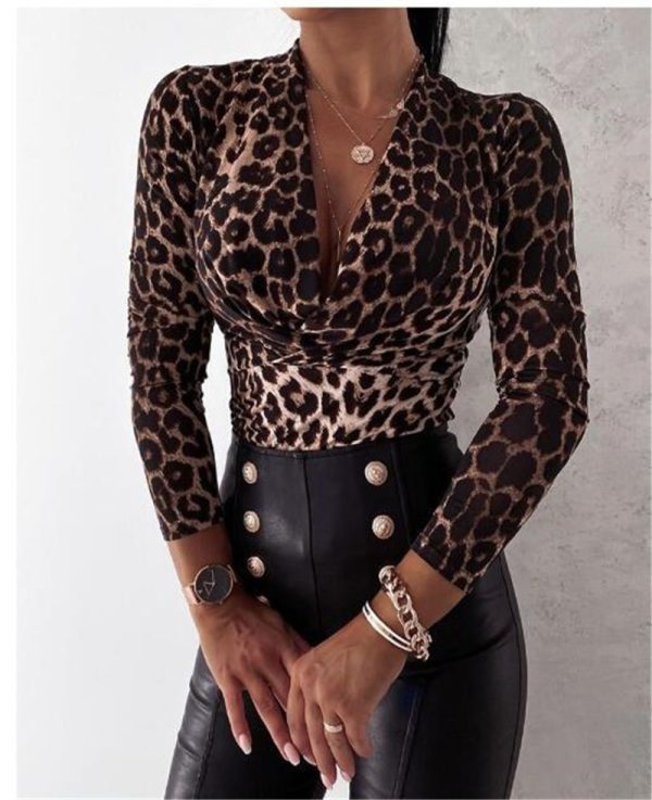 Popular Autumn Winter Sexy Long Sleeve V Neck Leopard Print Printed Women Shirt