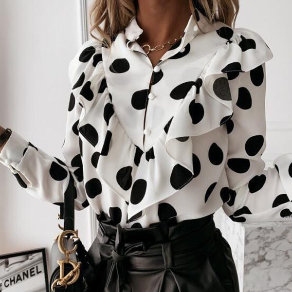 Women Clothing Autumn Winter Polka Dot Printed Ruffled Long Sleeve Shirt