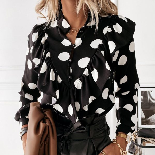 Women Clothing Autumn Winter Polka Dot Printed Ruffled Long Sleeve Shirt