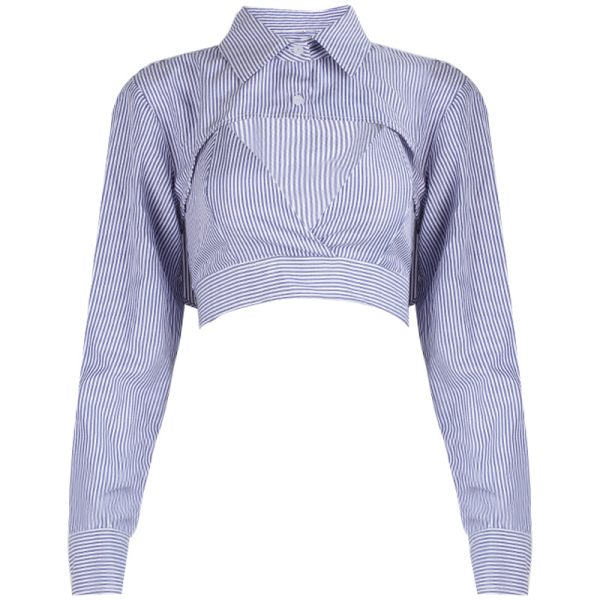 Autumn Striped cropped Suit Collar Two Buttons Long Sleeve Shirt Top Women