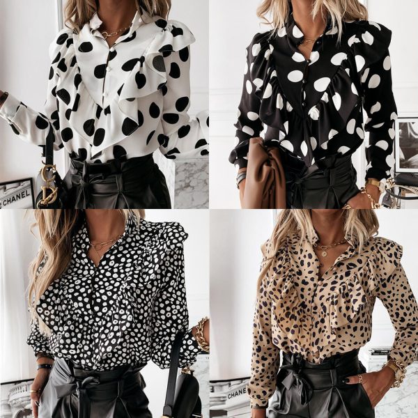 Women Clothing Autumn Winter Polka Dot Printed Ruffled Long Sleeve Shirt