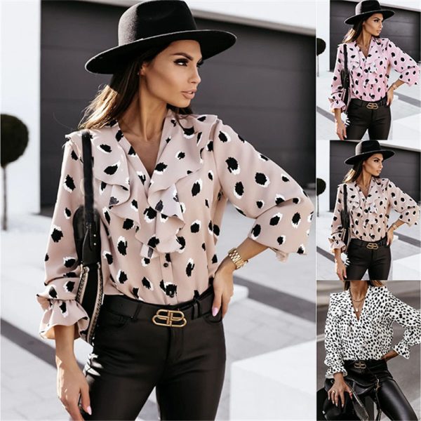 Internet Celebrity V-neck Flounce Button Long Sleeve Printed Shirt Top for Women