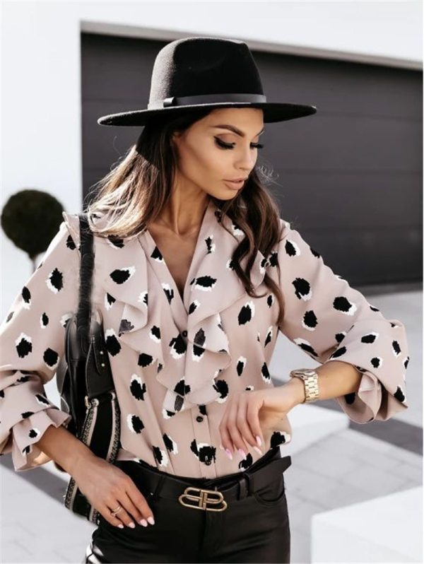 Internet Celebrity V-neck Flounce Button Long Sleeve Printed Shirt Top for Women